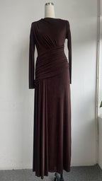Elegant Knit Long Sleeve Ribbon Dress with Asymmetrical Neckline, Elastic Pleated Floor-Length Skirt