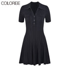Korean Fashion Pink Dress Women 2023 Elegangt Turn-down Collar Short Sleeve Knitted Dresses Runway Designer Vestidos De Fiesta