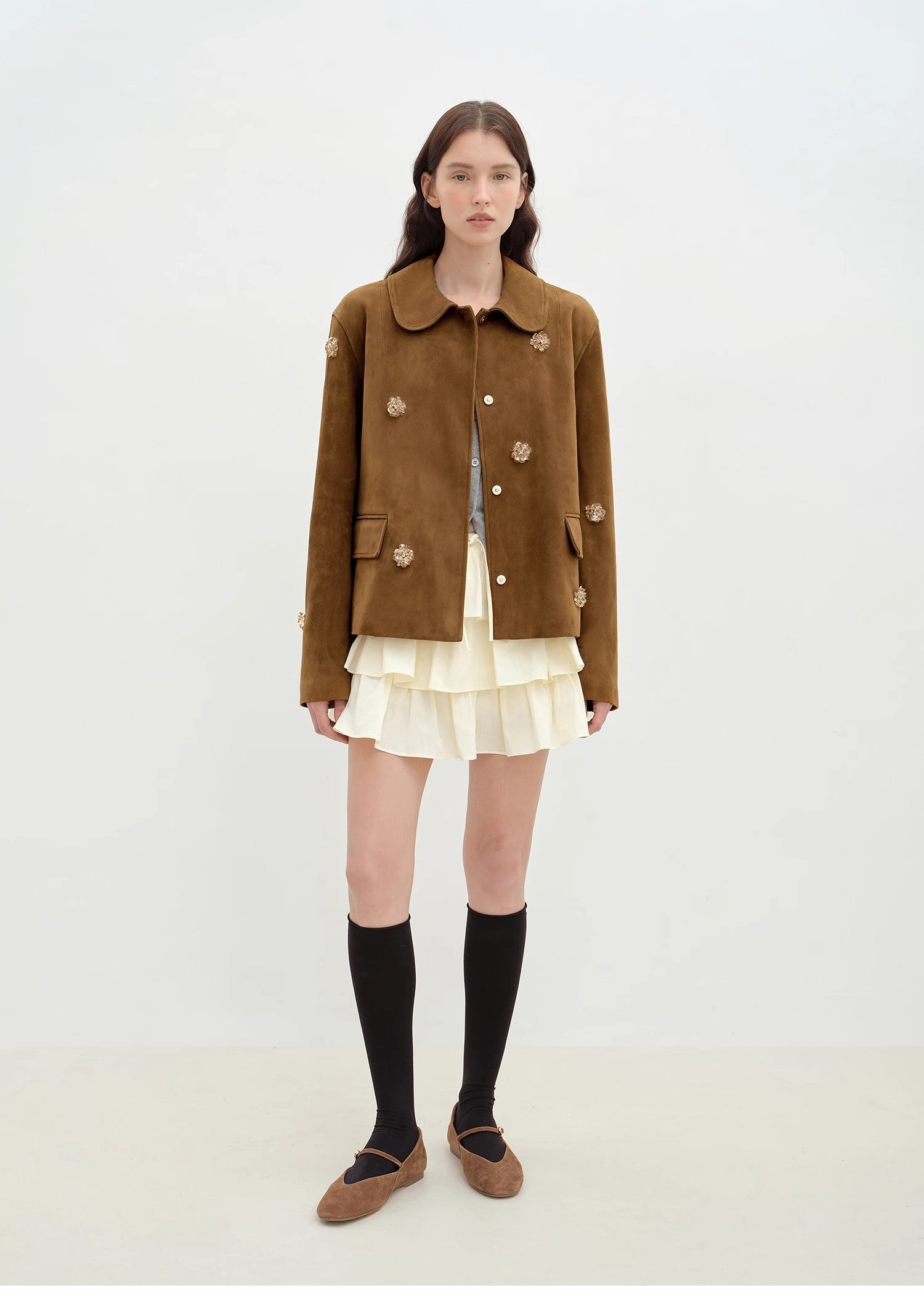 "Velour" high-grade beaded suede leather short leather jacket for women