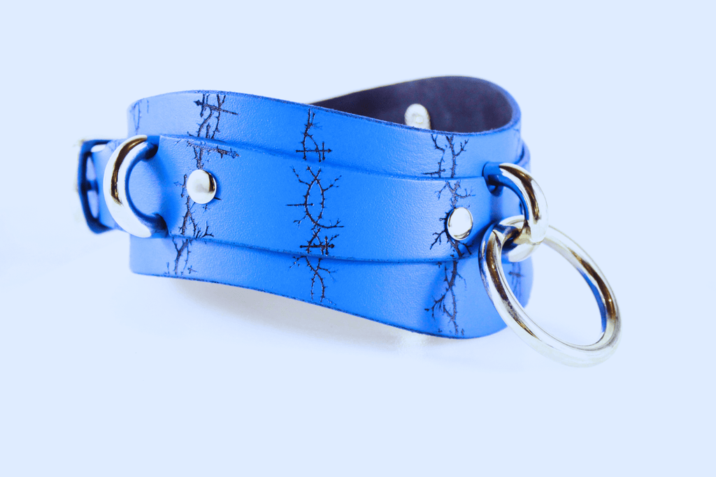 Barbed BDSM Collar – Blue Leather Submissive Collar with Rings