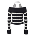 Rock Navy style shirt collar design nail bead buckle black and white striped off shoulder knit sweater
