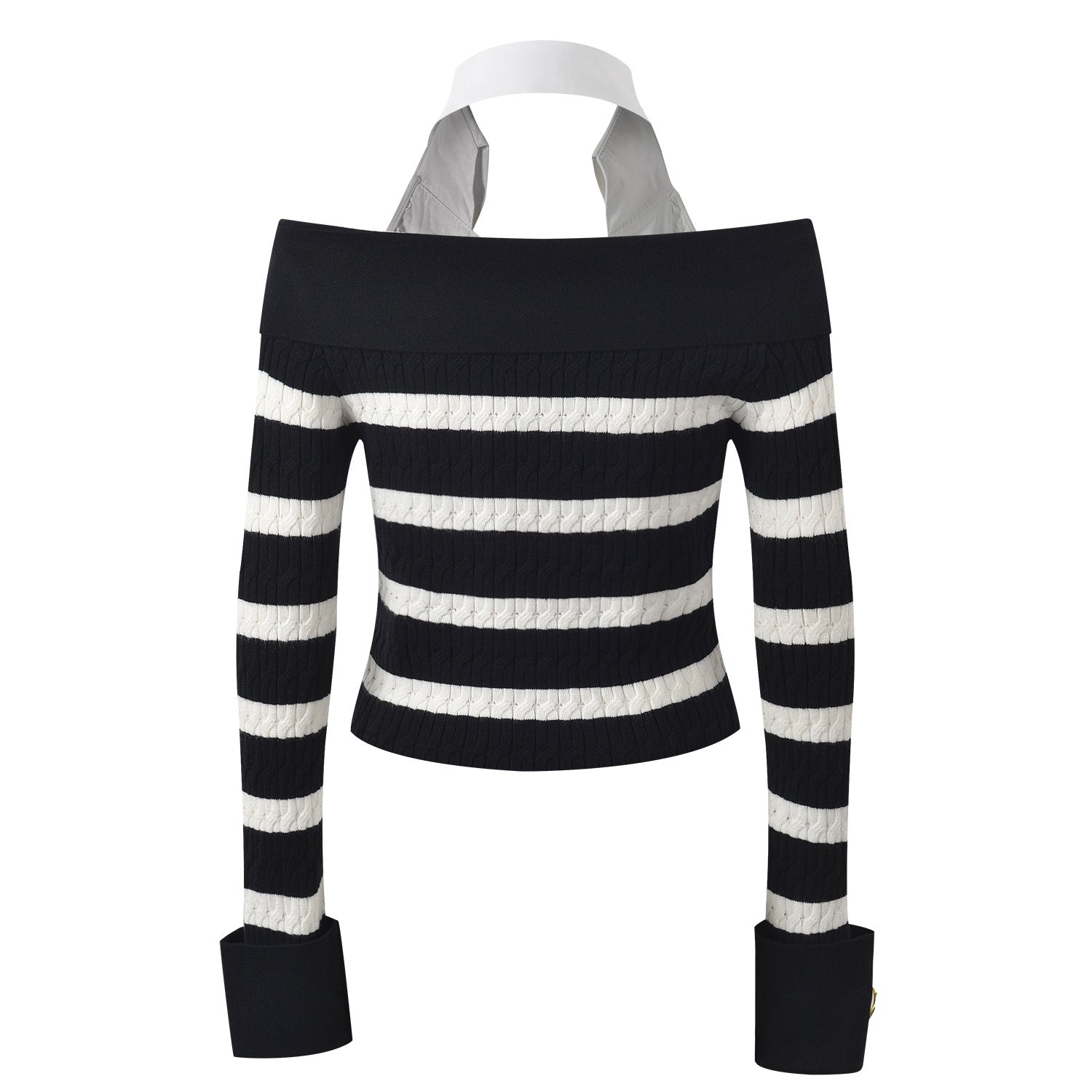 Rock Navy style shirt collar design nail bead buckle black and white striped off shoulder knit sweater