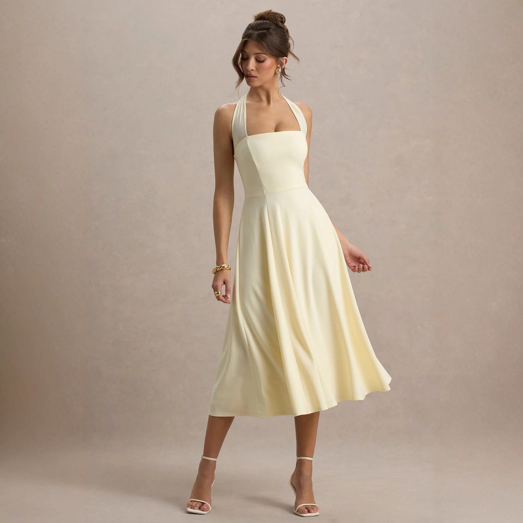 Pure Color Halter Backless Elegant Chiffon Sheath Dress with Waistline for Women