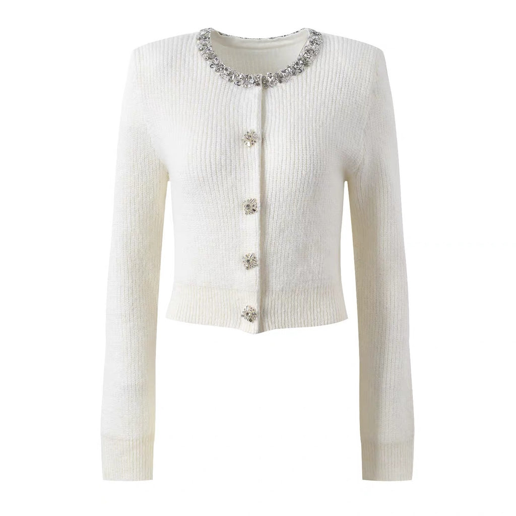 Charming Ivory White Rhinestone-Embellished Short Knit Cardigan with Round Neck Long Sleeve Sweater Top