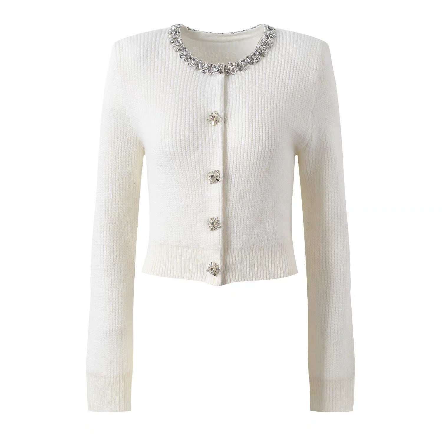Charming Ivory White Rhinestone-Embellished Short Knit Cardigan with Round Neck Long Sleeve Sweater Top
