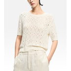 Elegant White Hollow Knit Short Sleeve Top for Women, Fashionable Lightweight and Breathable T-Shirt