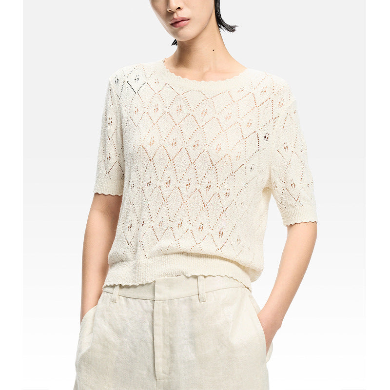 Elegant White Hollow Knit Short Sleeve Top for Women, Fashionable Lightweight and Breathable T-Shirt