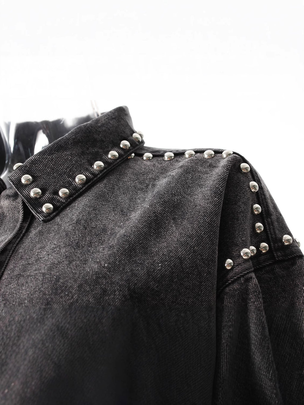Women's Black Gray Denim Shirt Lapel Loose Grinding The Hem Rivet Long Sleeves Blouse