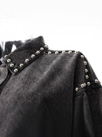 Women's Black Gray Denim Shirt Lapel Loose Grinding The Hem Rivet Long Sleeves Blouse