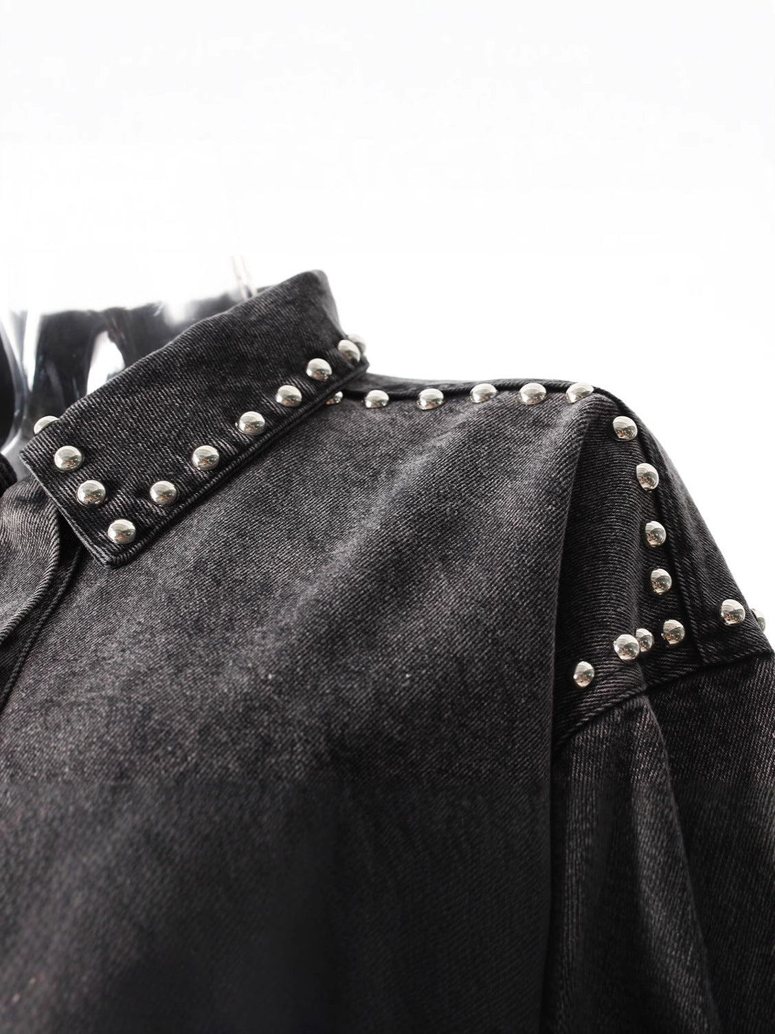 Women's Black Gray Denim Shirt Lapel Loose Grinding The Hem Rivet Long Sleeves Blouse