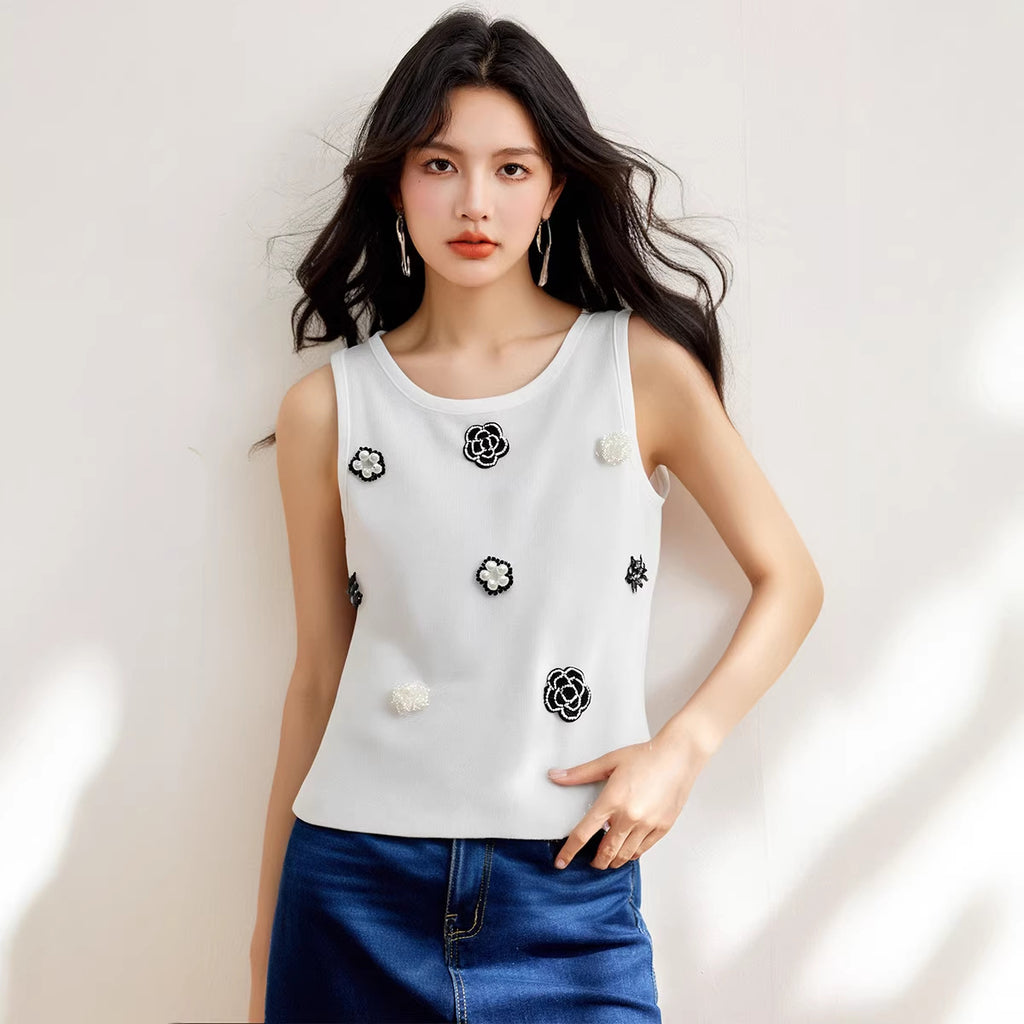 Sophisticated Embellished Beaded and Rhinestone Sweet 3D Floral Decorative Fitted Short Knit Vest for Petite Women
