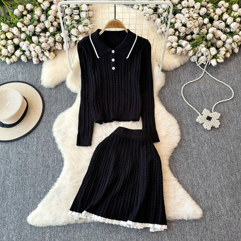 Lazy style, light luxury, high-level sense, Fried Dough Twists knitting suit, women's autumn and winter turtleneck sweater+high waist, slim skirt