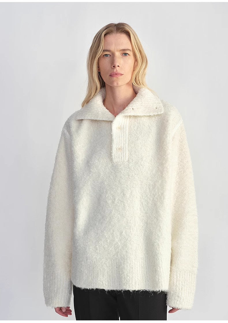 Alpaca wool blended bouclé yarn Spliced POLO shirt Lazy and relaxed sweater