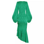 Round neck lantern sleeve printed waistband irregular fishtail dress long skirt