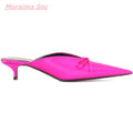 New Summer Women Shoes Pointed Toe Mules Silk Luxury Brand Butterfly Knot Shallow Thin High Heel Party Sandal