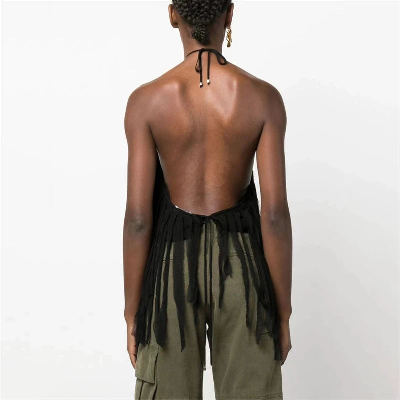 Summer new women's 3D three-dimensional flower decoration halter neck backless tassel streamer vest y2k fashion sexy holiday top