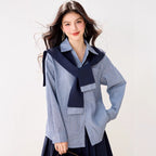 Graceful striped long-sleeve shirt for women, navy blue skirt, campus style two-piece set