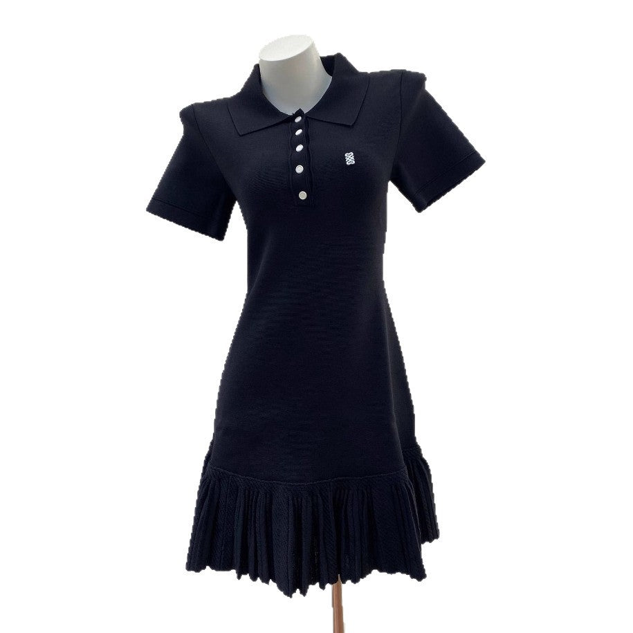 South Oil Style SDmiddot;Early Autumn Polo Collar Pleated Dress Solid Color Tennis Golf Women's Knit Dress