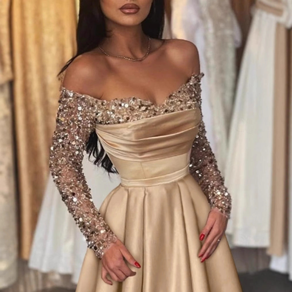 Elegant Long Sleeve Sequin Evening Gown for Women, Formal Party Dress, Chic Hostess Outfit, Glamorous Lady Style