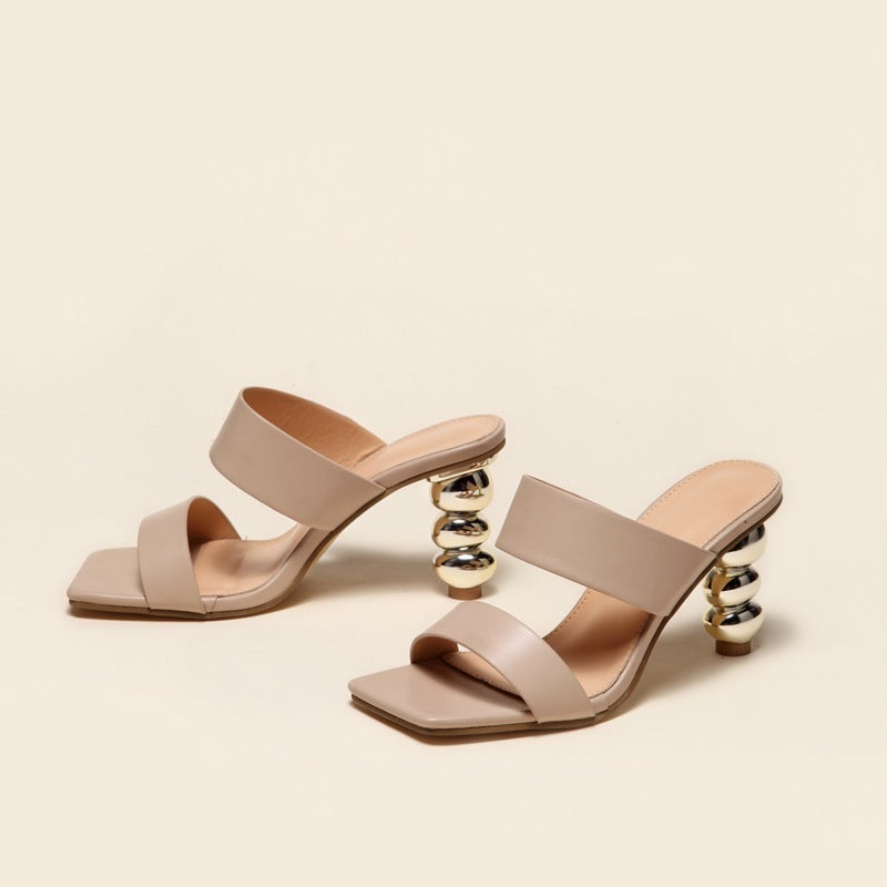 New Design Metal Strange High Heels Summer Women Slipper Elegant Square Toe Slip-On Sliders Shoes Ladies Sandals Size 42