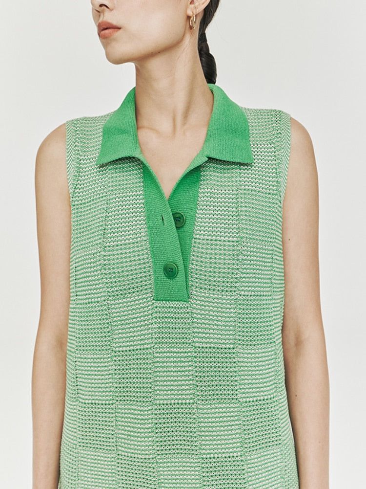 Summer New Japanese Paper Yarn Checkerboard Weave Pattern Knitted V-neck Silhouette Short-sleeved Women Dresses Viscose Robe