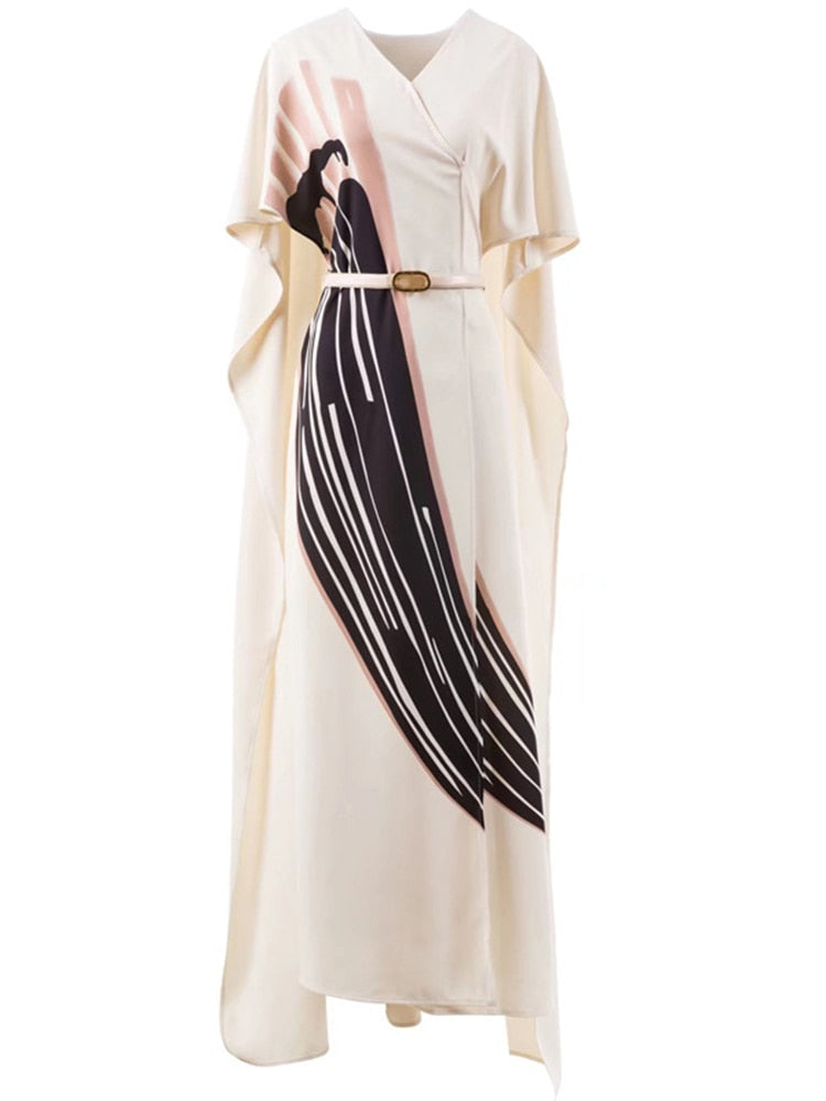 Women's New Summer Sexy V-Neck Waist Tie Print Shawl Maxi Dress