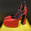 processing time:5-7 days after placing orders--Luxury Women High Heel Shoes Platform Sandals Pointed Toe Woman Silk Pumps Sexy Rhinestone Buckle Chunky Heel Wedding Shoes