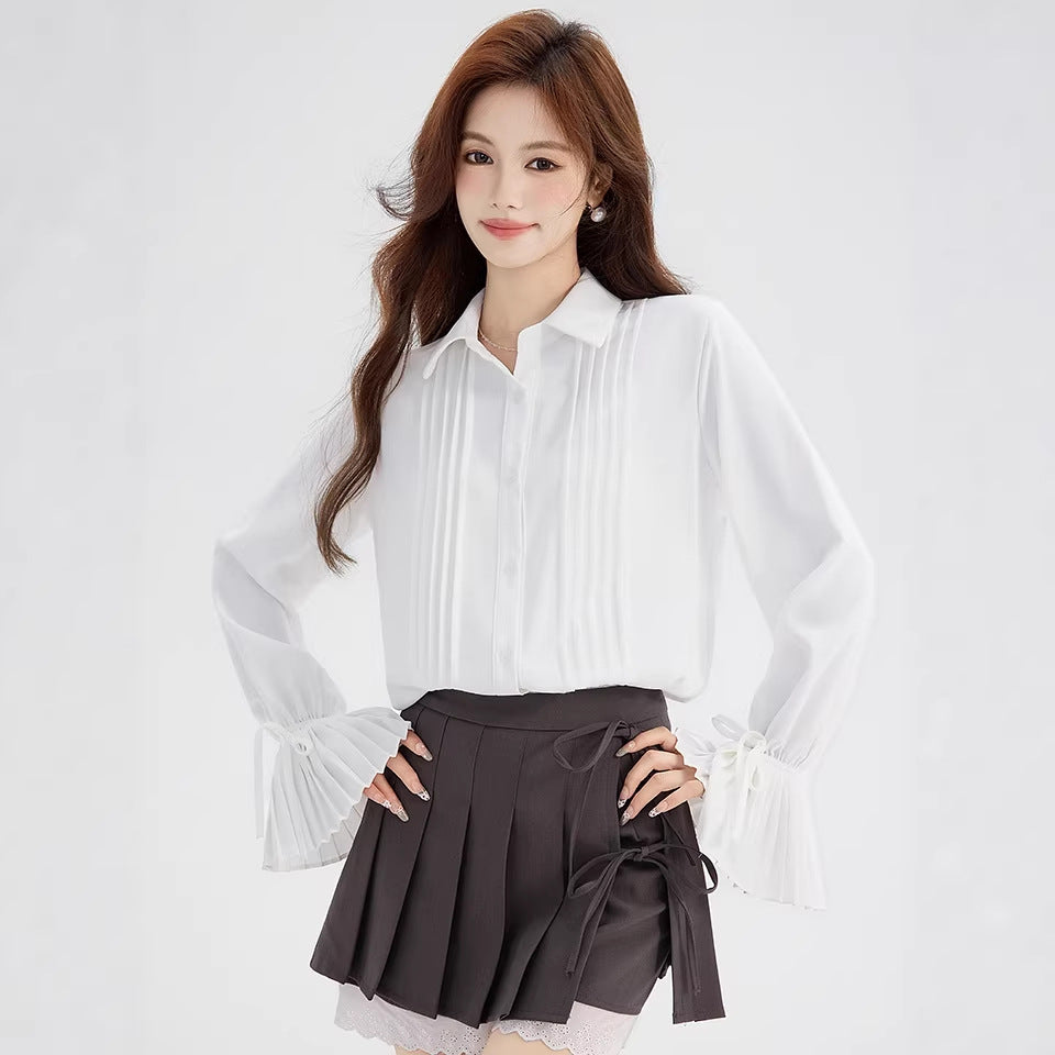 Pleated Flared Sleeve White Blouse for Women, Loose Elegant Commute Long Sleeve Shirt