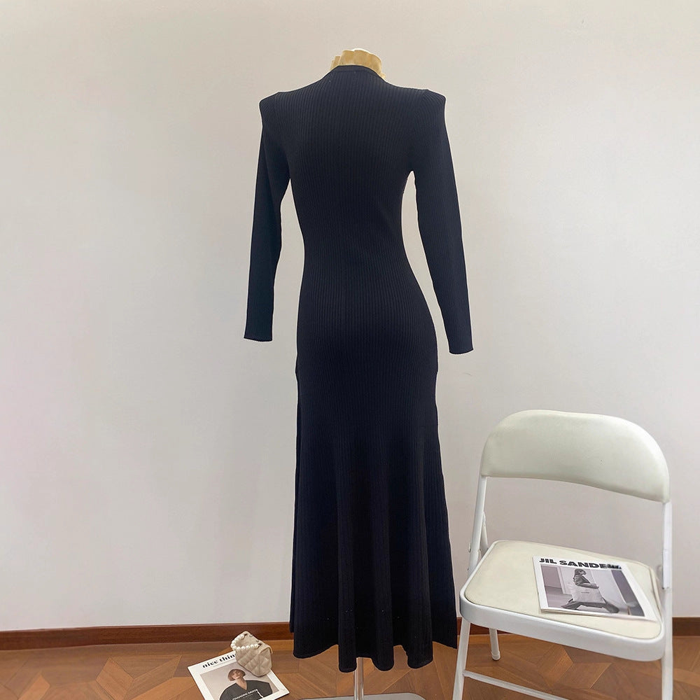 Chiffon Trimmed Collar Black Knitted Fitted Dress for Women