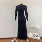 Chiffon Trimmed Collar Black Knitted Fitted Dress for Women