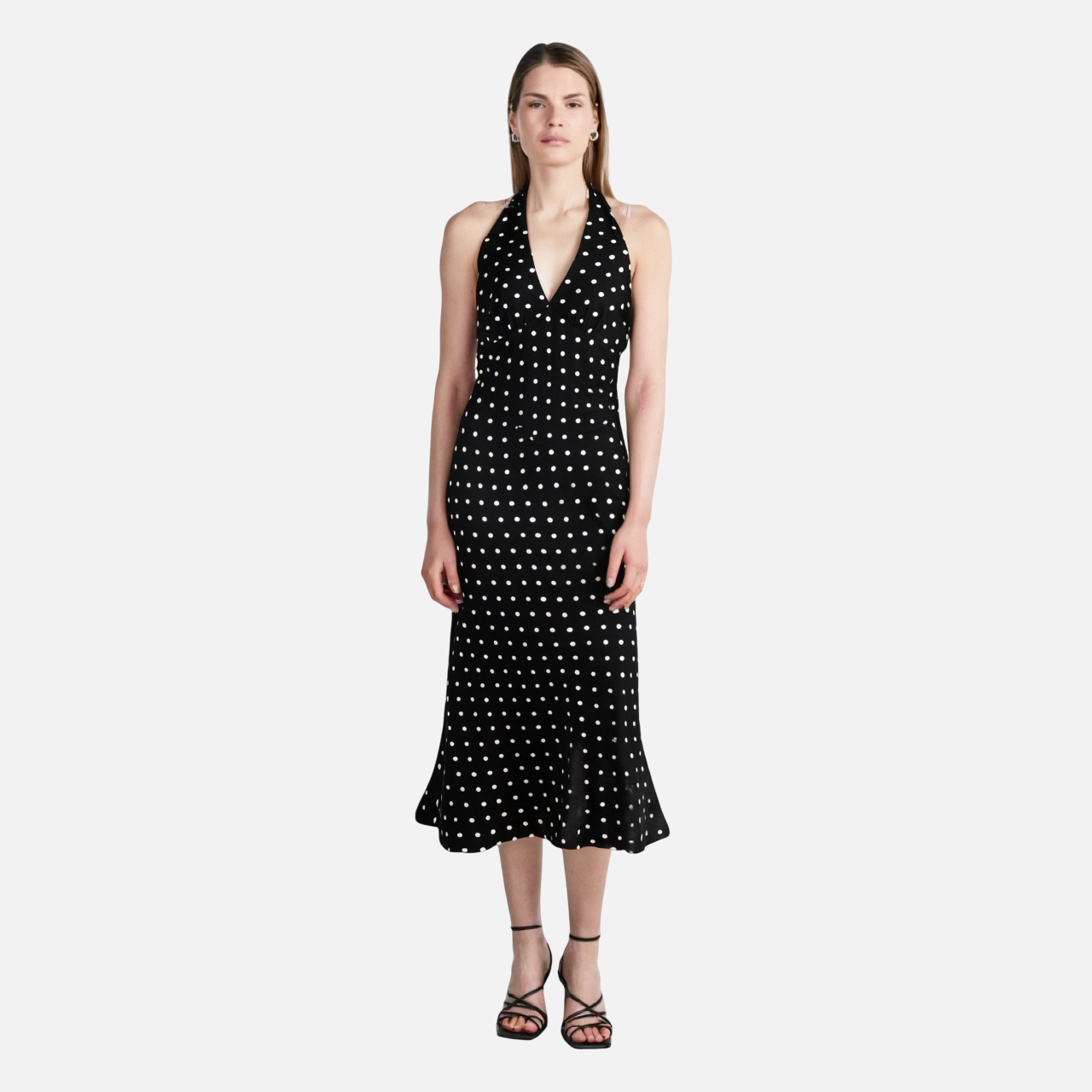 Polka print strap neck bag hip skirt dress