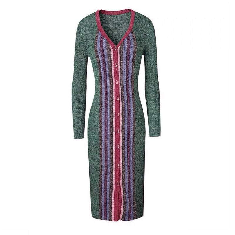 Runway Designer Dark Green Striped V-Neck Buttons Breasted Midi Knitting Dress New Fashion Autumn Winter Sweater