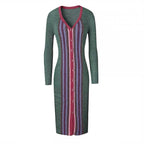 Runway Designer Dark Green Striped V-Neck Buttons Breasted Midi Knitting Dress New Fashion Autumn Winter Sweater