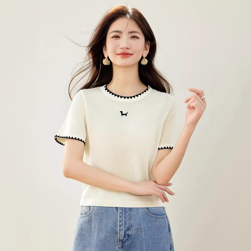 Ruffled Collar Color-Blocked Short Sleeve T-Shirt for WomenRegular Shoulder Waist-Cinching, Ideal for Petite Figures