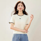 Ruffled Collar Color-Blocked Short Sleeve T-Shirt for WomenRegular Shoulder Waist-Cinching, Ideal for Petite Figures