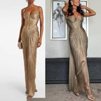 Pleated Gold Foil Tie-up A-line Dress for Casual Party with Slit Design