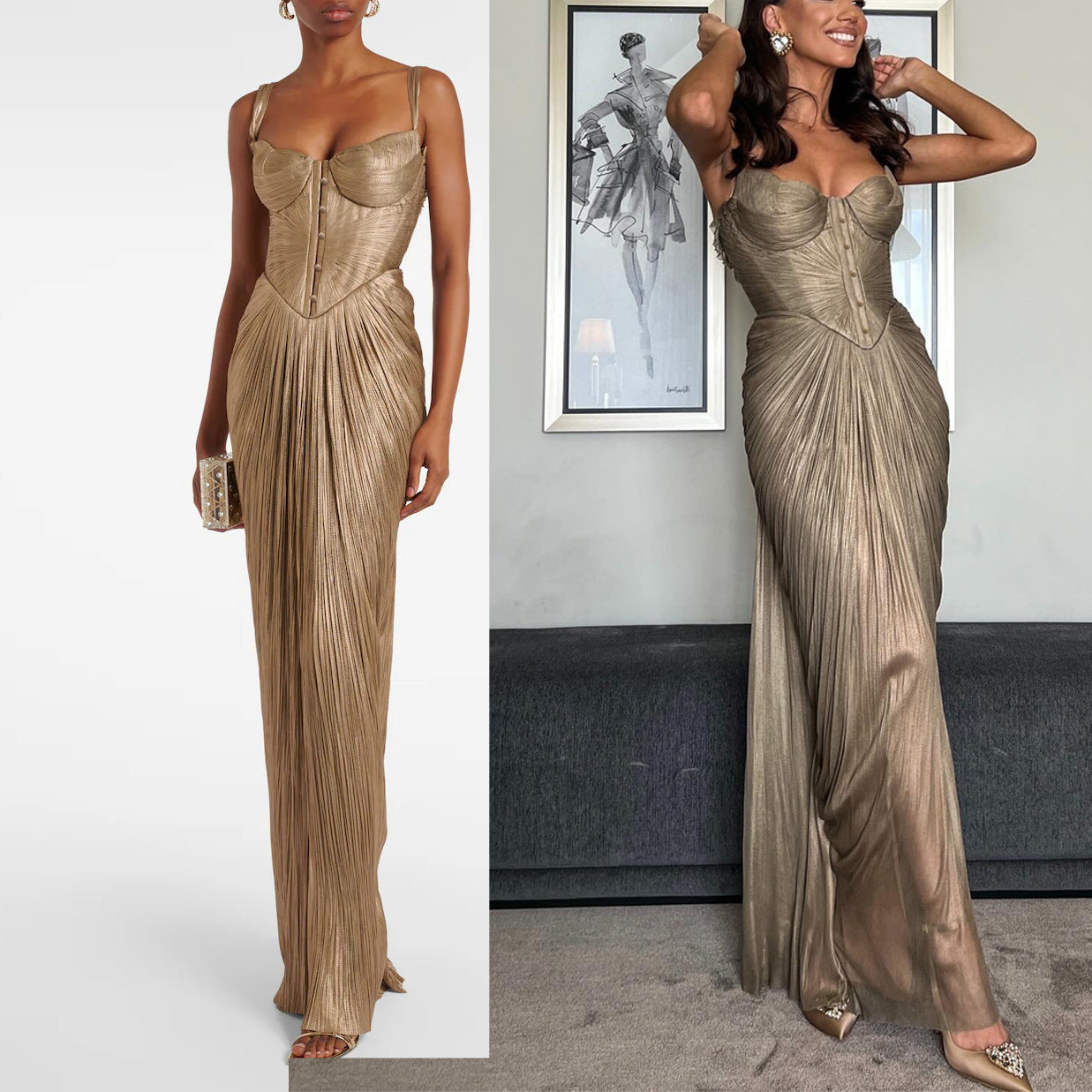 Pleated Gold Foil Tie-up A-line Dress for Casual Party with Slit Design