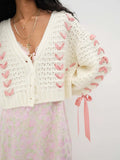 V-neck lace up hollow knit cardigan top sweater jacket for women
