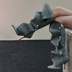 Stud Pleated Cowboy Boots Pointed Toe High Heels Blue\Brown Knee High Boots Sexy Luxury Runway Zip Shoes for Women Fall