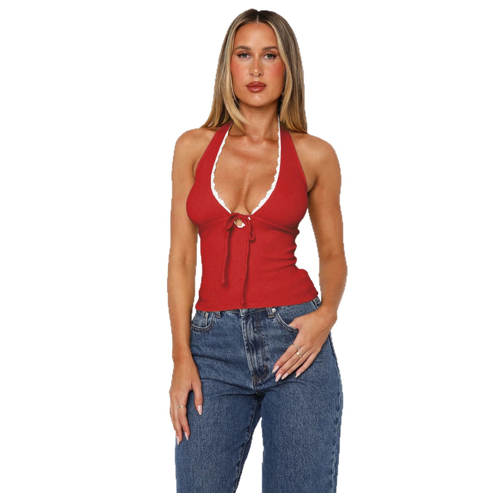 White Lace Frill Halter Backless Design Slimming Tie-Back Camisole