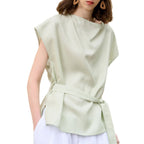 Elegant Loose Short Sleeve T-Shirt for Women - High-End Tencel Linen Swing Collar Office Wear with Belt