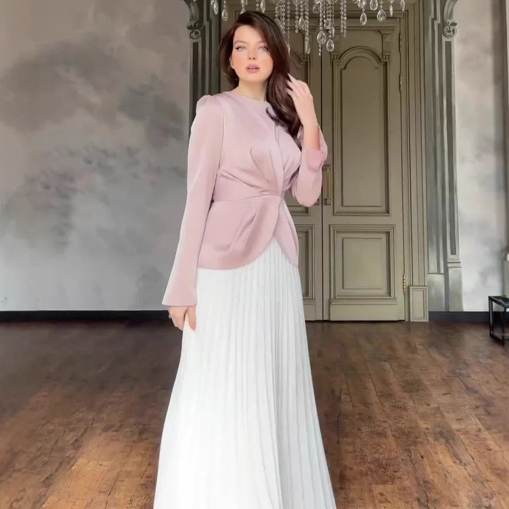 Elegant Color-Blocked Suit Dress for Women, Long Sleeve, Autumn Fashion, Pleated Design