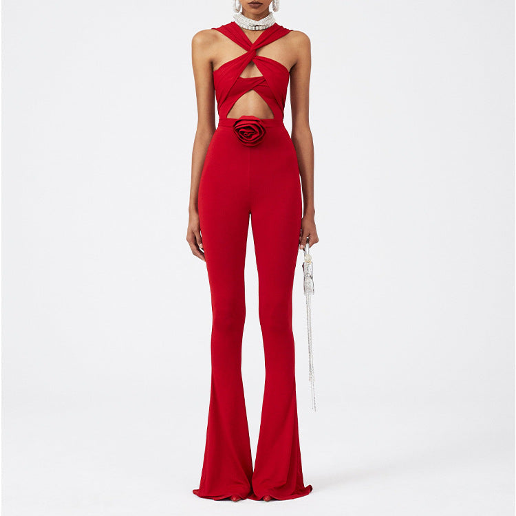 Sexy Hollow Out One-Piece Swimsuit Women Red Rose Set