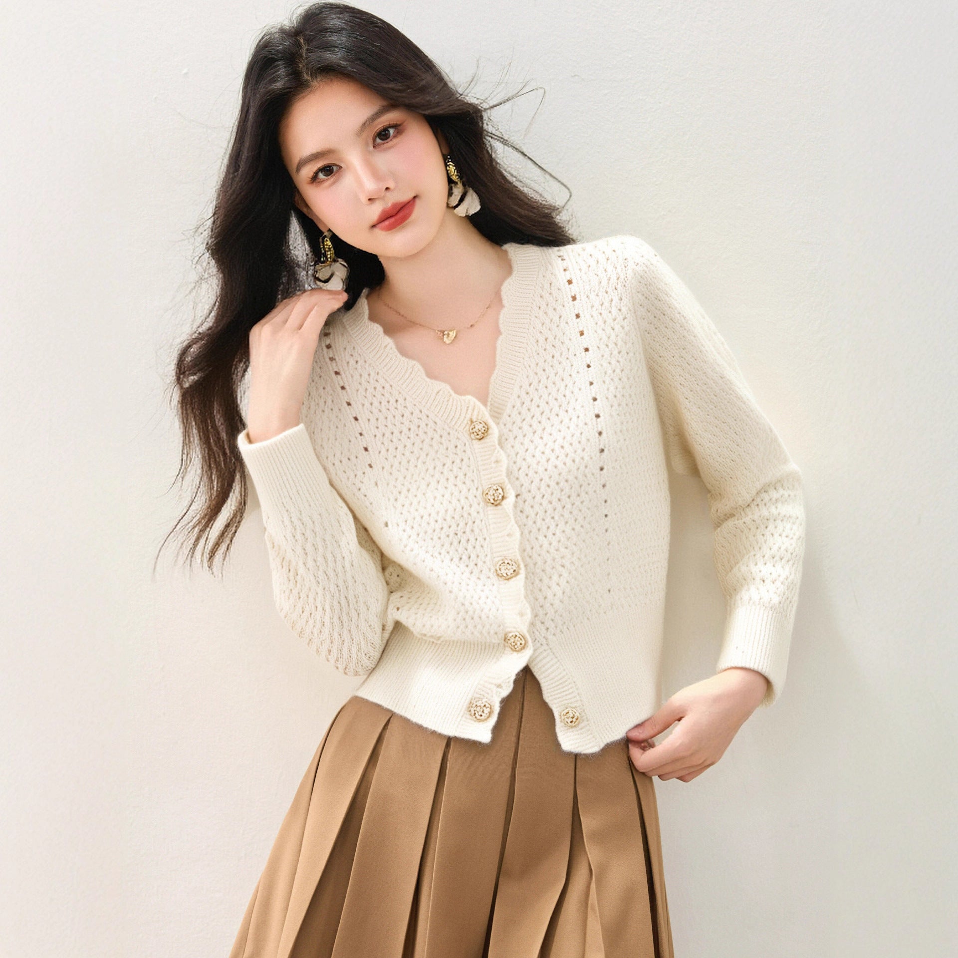 Creamy Apricot Wavy Edge V-Neck Knit Sweater Women's Short Open Cardigan Hollow Loose Top