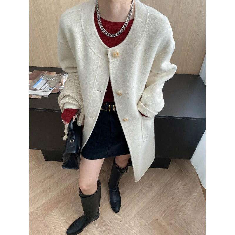 Classic Versatile Round Neck Cable Knit Loose Wool Double-Faced Cashmere Coat