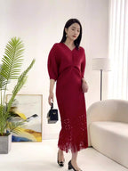 OFF high quality solid designer v-neck office work ladies maxi dresses for women new in zevity batwing sleeve elegant party robe