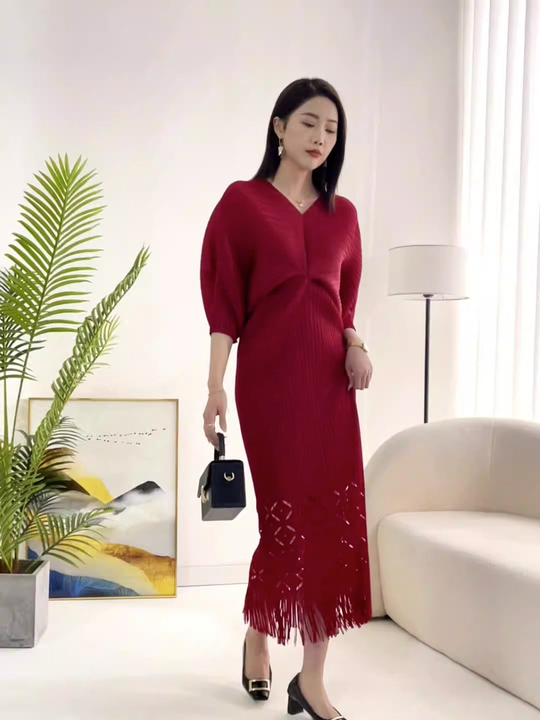 OFF high quality solid designer v-neck office work ladies maxi dresses for women new in zevity batwing sleeve elegant party robe