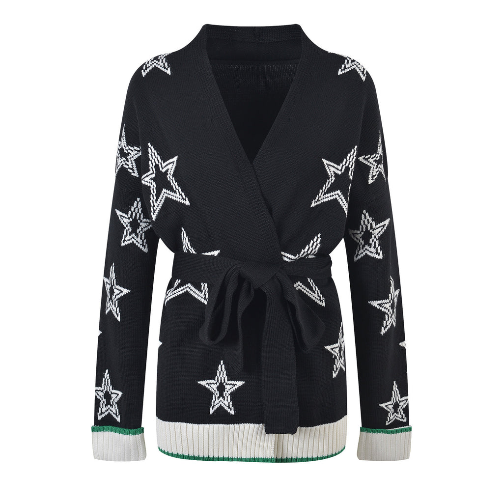Luxury Star Printed Long Cardigans for Woman Autumn Oversized Black Knitted Sweater Mujer Korean Fashion