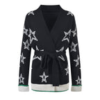Luxury Star Printed Long Cardigans for Woman Autumn Oversized Black Knitted Sweater Mujer Korean Fashion