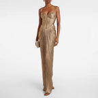 Pleated Gold Foil Tie-up A-line Dress for Casual Party with Slit Design